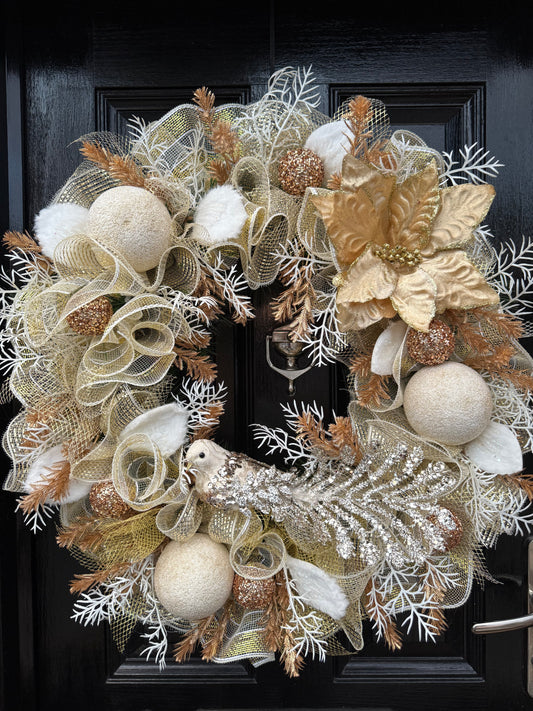 65cm DELUXE TURTLE DOVE GOLD/ IVORY GLITTER WREATH - DESPATCH EARLY OCTOBER