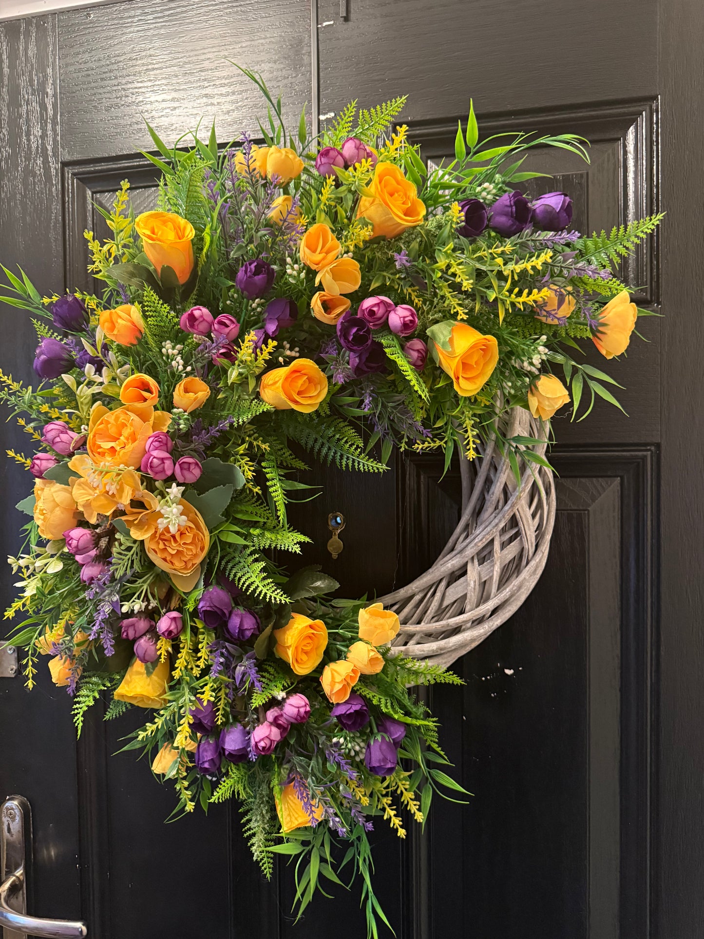 MIXED YELLOW AND PURPLE FOLIAGE ALL SEASON GREY WICKER WREATH