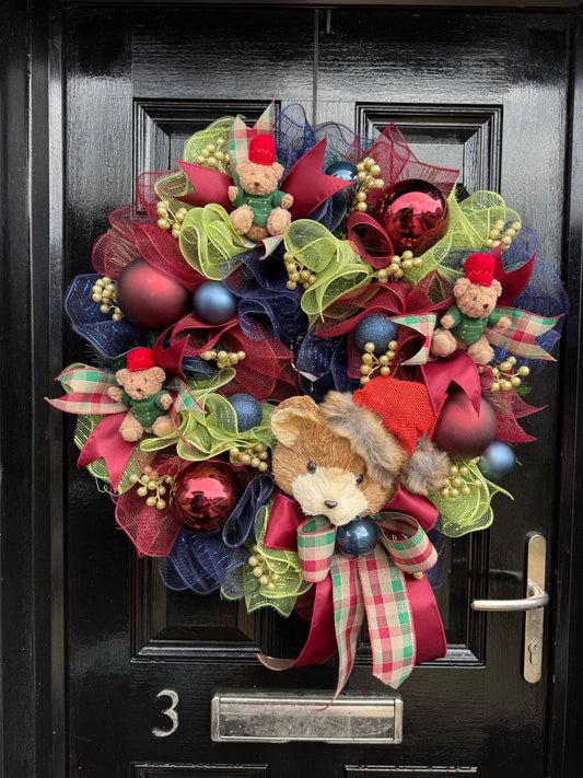 65cm DELUXE TARTAN MIX TEDDY BEAR WREATH - IMMEDIATE DESPATCH