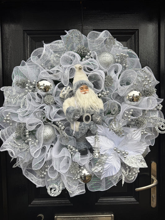 70cm DELUXE SPARKLE SILVER SANTA FOLIAGE GLITTER WREATH