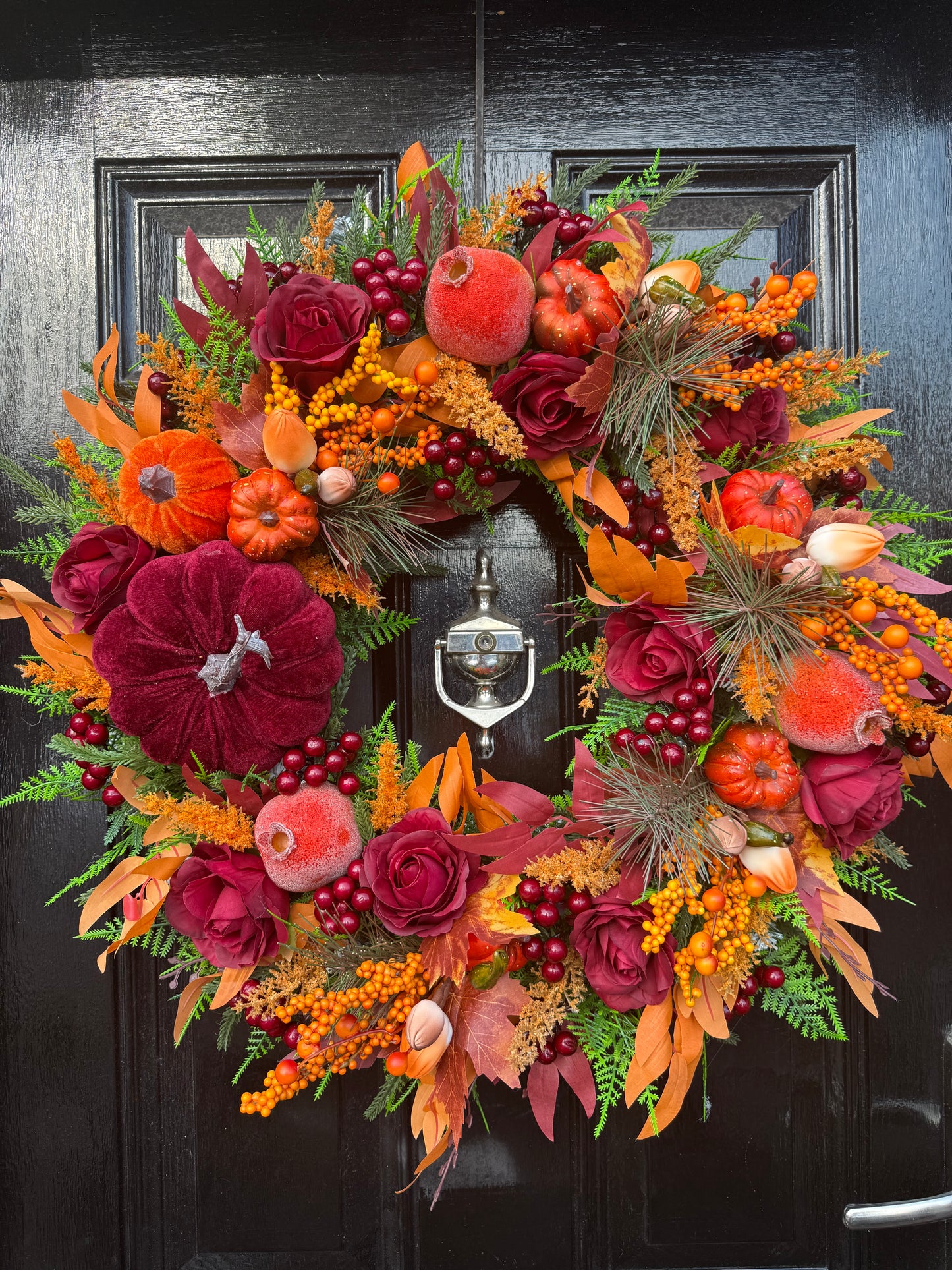 60cm DELUXE BURGUNDY ORANGE PUMPKIN WOODLAND MIXED FOLIAGE AUTUMN WREATH