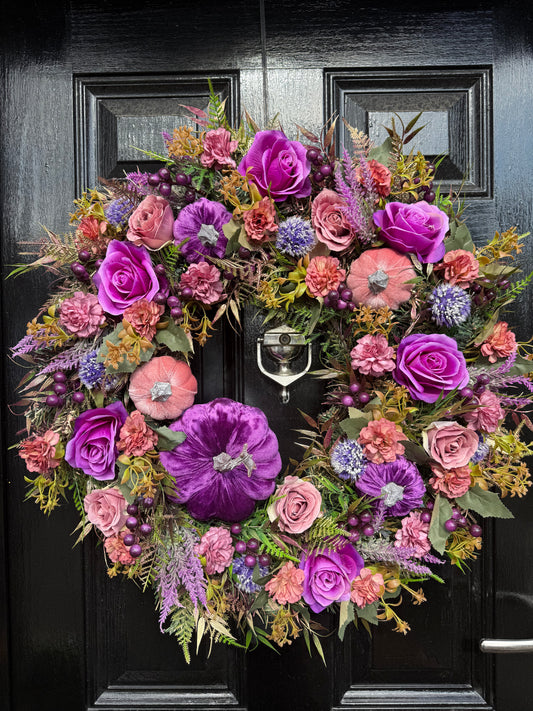65cm DELUXE PUMPKIN WOODLAND PURPLE / PINK MIXED FOLIAGE AUTUMN WREATH