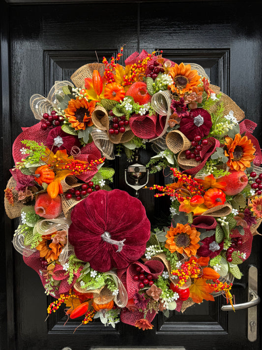 65cm DELUXE XL BURGUNDY PUMPKIN / ORANGE MIX WOODLAND AUTUMN WREATH