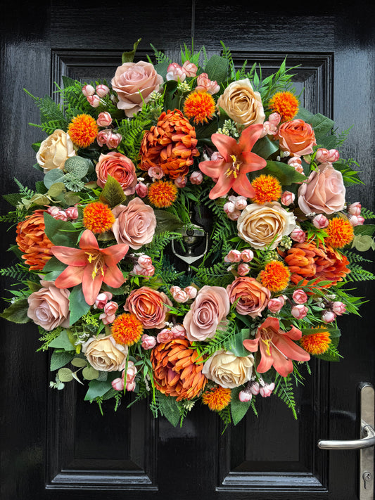 60cm DELUXE THICK FOLIAGE AND MIXED ORANGE / CHAMPAGNE WREATH