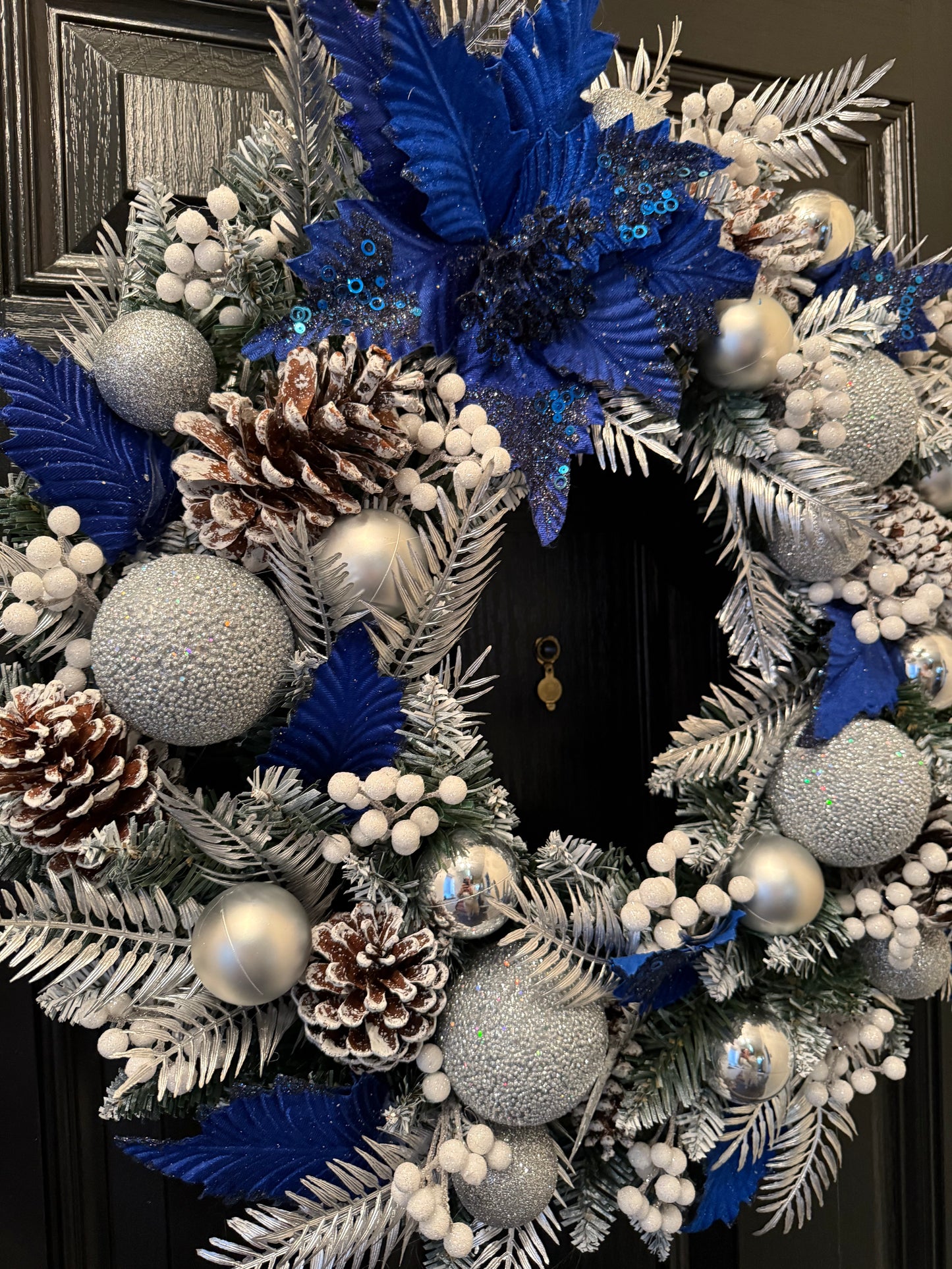 60cm FROSTED CONE ROYAL BLUE / SILVER MIXED BERRY WREATH - IMMEDIATE DESPATCH