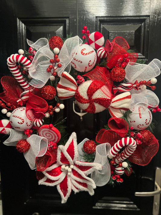 ***PRE ORDER -DESPATCH END 1ST WEEK DECEMBER*** 65cm DELUXE WREATH MESH RED WHITE CANDY