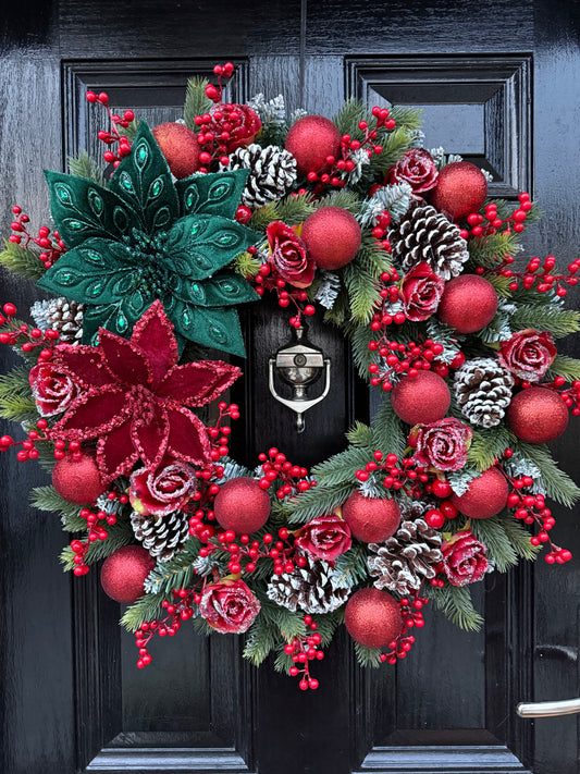 60cm DELUXE TRADITIONAL GREEN / RED POINSETTIA WREATH