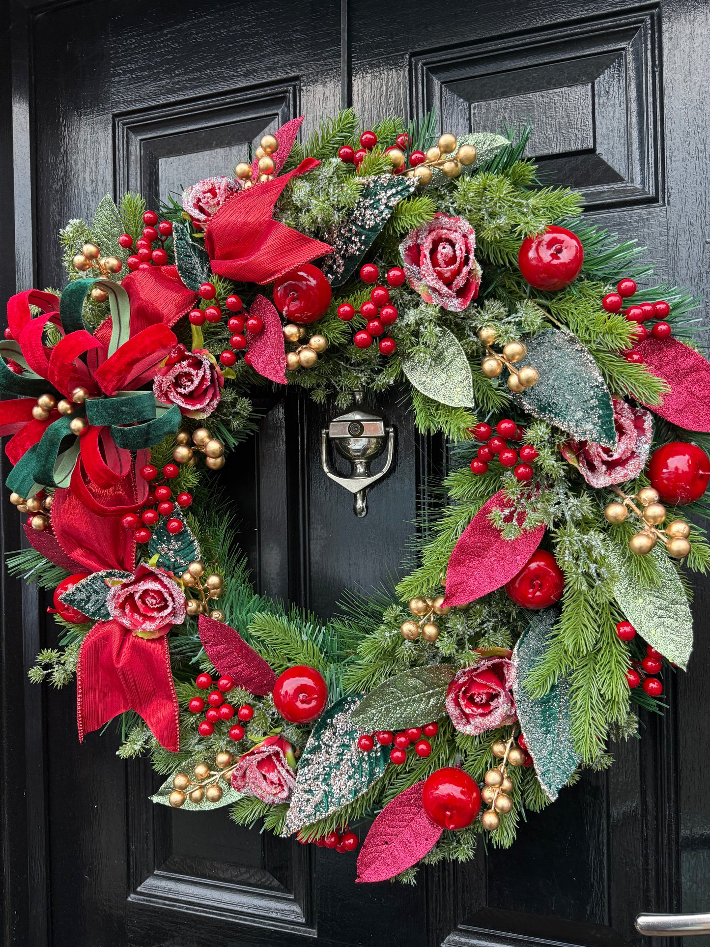 65CM DELUXE FOLIAGE RED/GREEN/GOLD TRADITIONAL FLOWER BURST  WREATH - IMMEDIATE DESPATCH