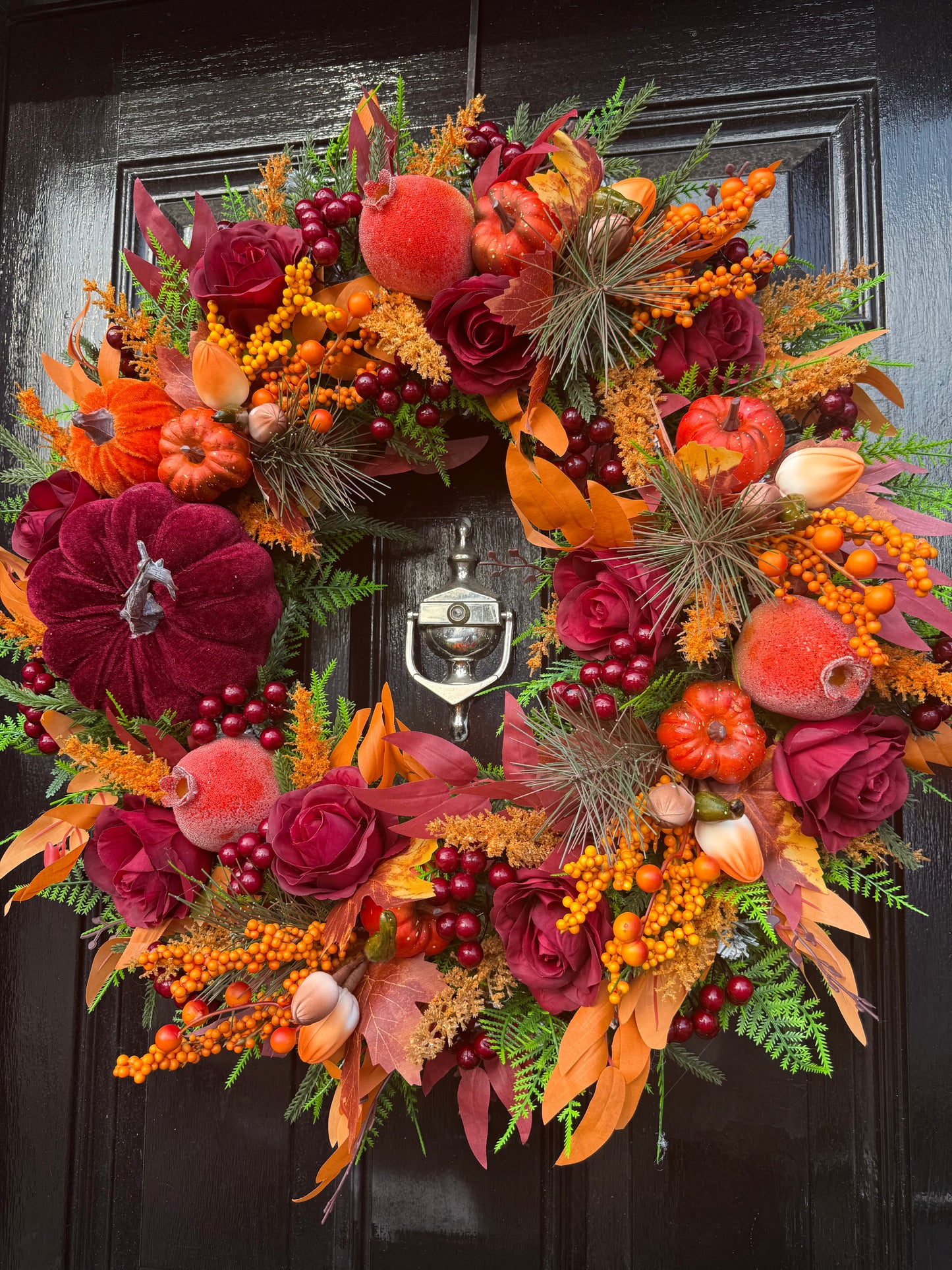 60cm DELUXE BURGUNDY ORANGE PUMPKIN WOODLAND MIXED FOLIAGE AUTUMN WREATH