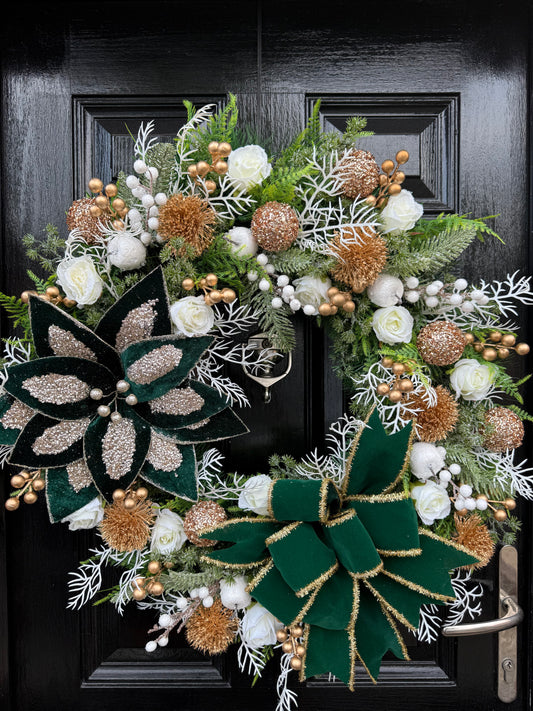 65cm DELUXE GREEN/GOLD BERRY APPLE GIANT GLITTER POINSETTIA WREATH