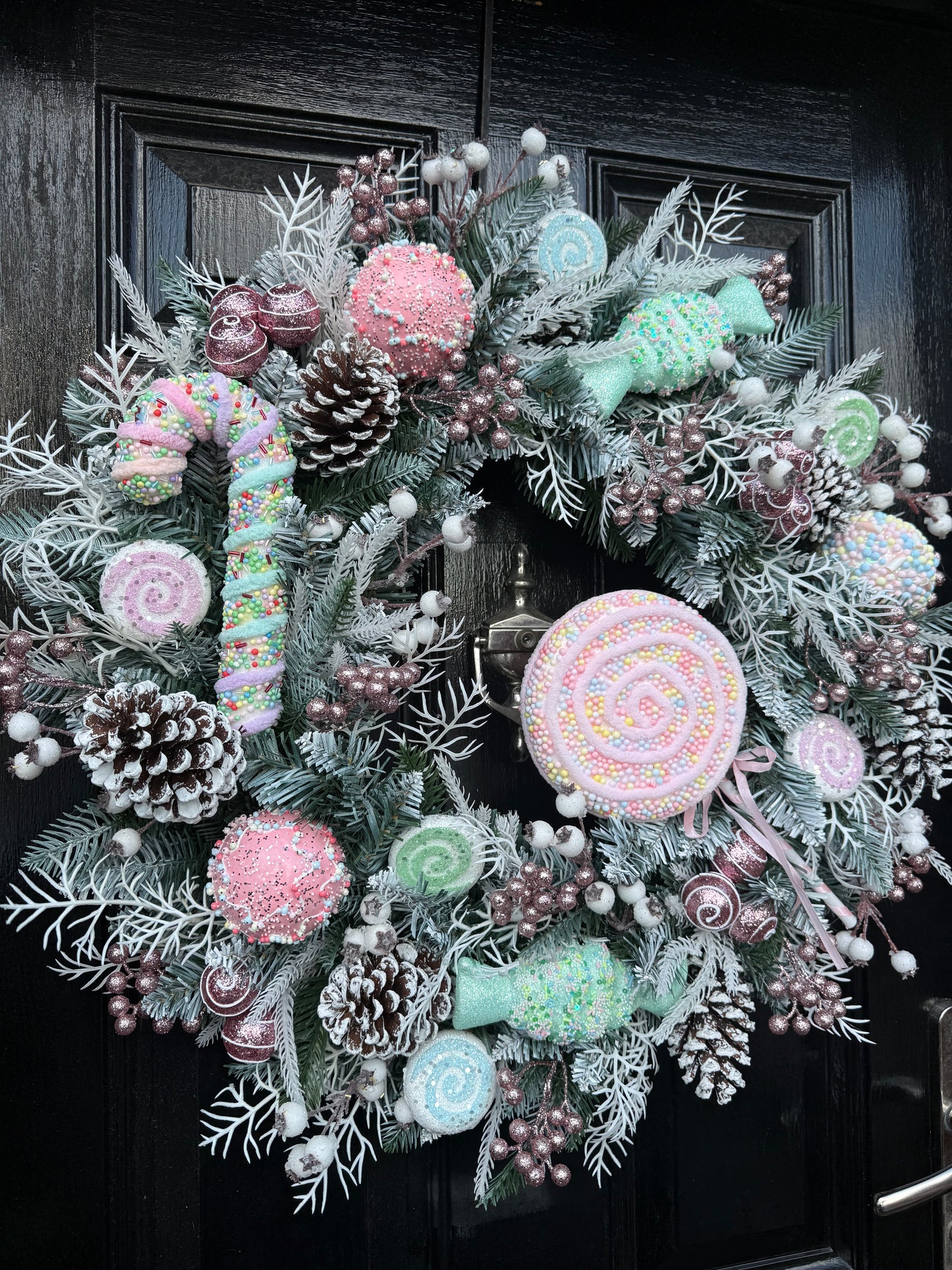 60cm FROSTED PASTEL CANDY CANE MIXED WREATH - IMMEDIATE DESPATCH