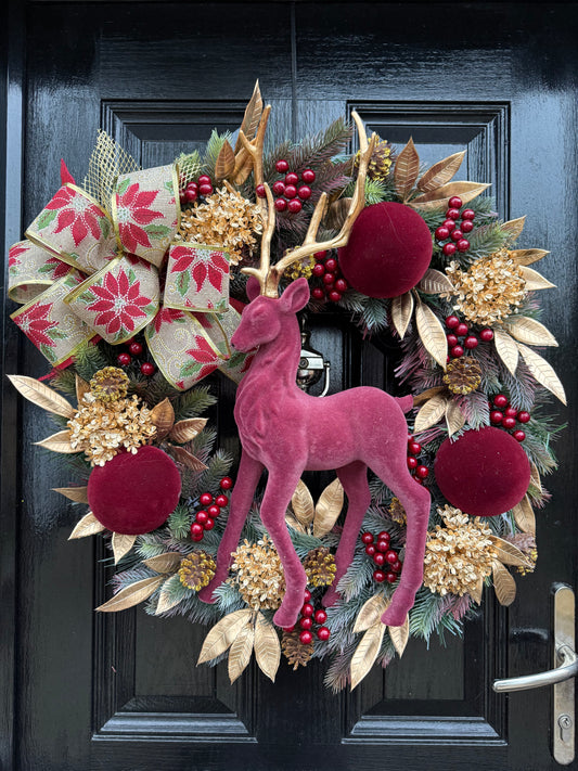 65cm DELUXE WREATH BURGUNDY/GOLD STAG