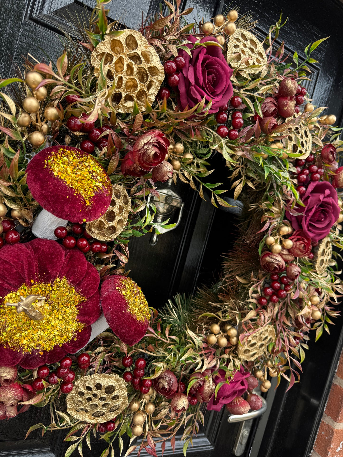 65cm DELUXE XL PUMPKIN GOLD / BURGUNDY GLITTER AUTUMN WREATH