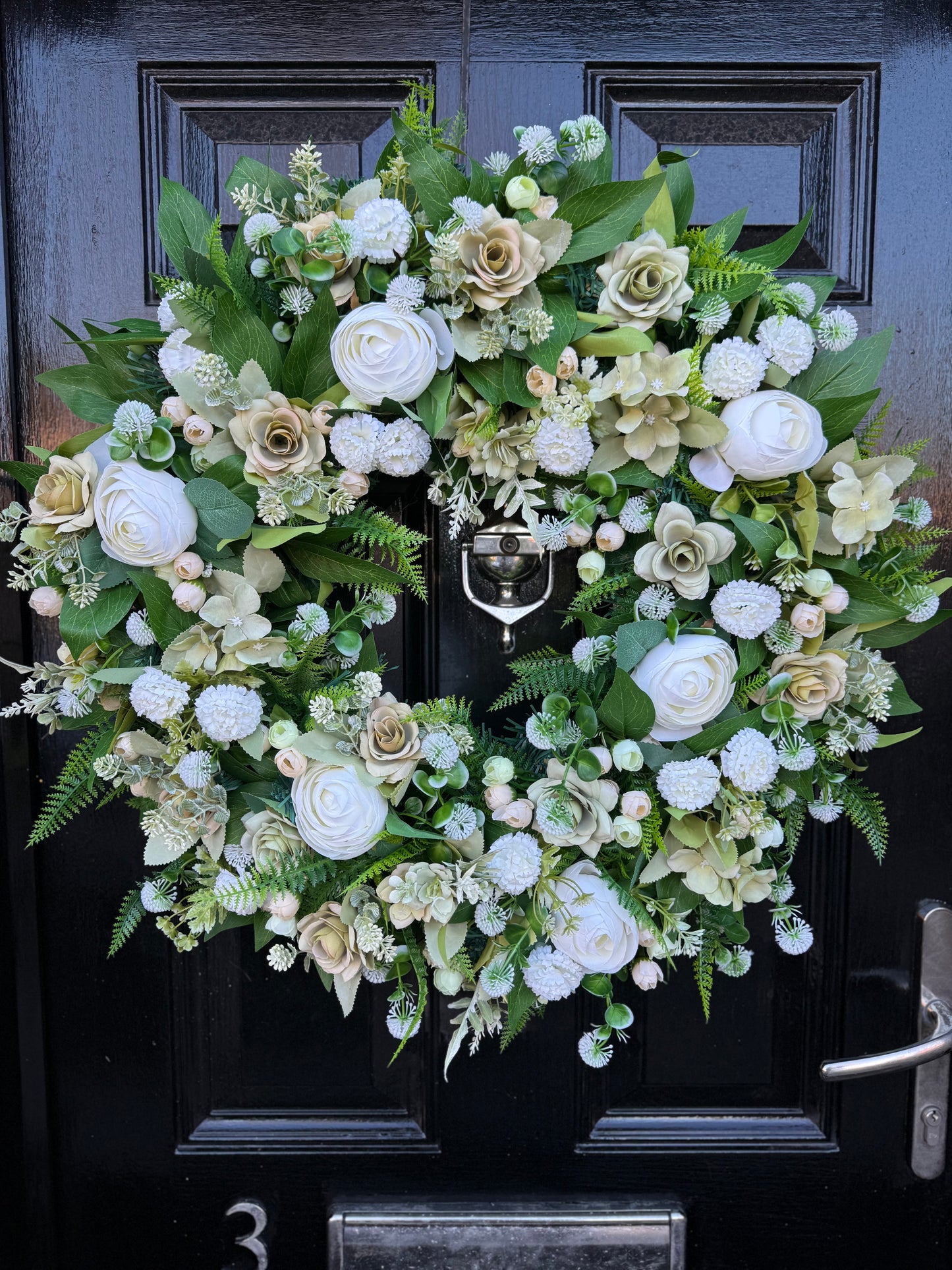 65cm DELUXE IVORY PEONY / SAGE GREEN MIXED FOLIAGE WREATH