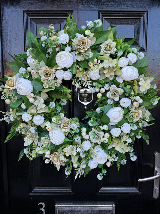65cm DELUXE IVORY PEONY / SAGE GREEN MIXED FOLIAGE WREATH