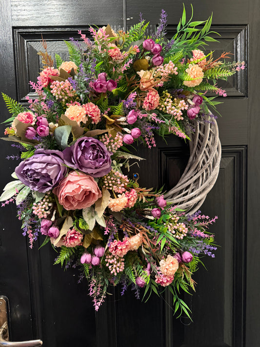 PINK / PURPLE & LILAC MIX FOLIAGE ALL SEASON WICKER WREATH