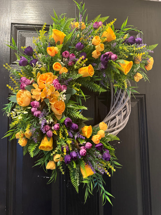 MIXED YELLOW AND PURPLE FOLIAGE ALL SEASON GREY WICKER WREATH