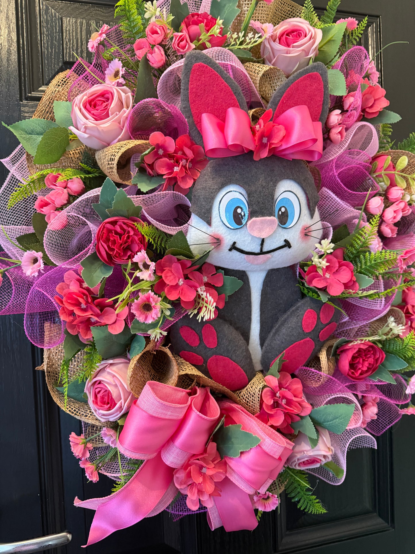 GIANT DELUXE HOT PINK BUNNY FOLIAGE FLOWER EASTER WREATH