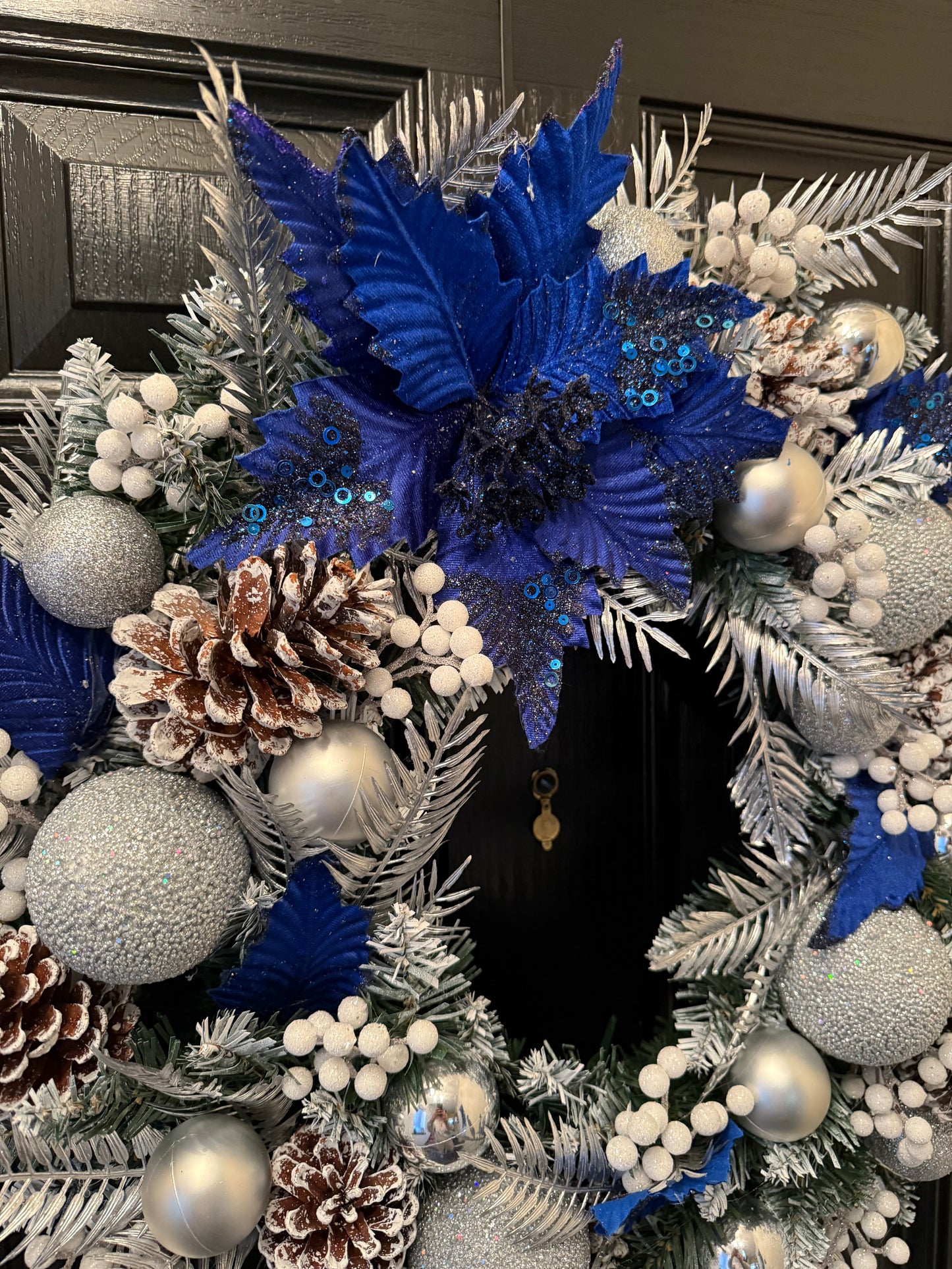 60cm FROSTED CONE ROYAL BLUE / SILVER MIXED BERRY WREATH - IMMEDIATE DESPATCH