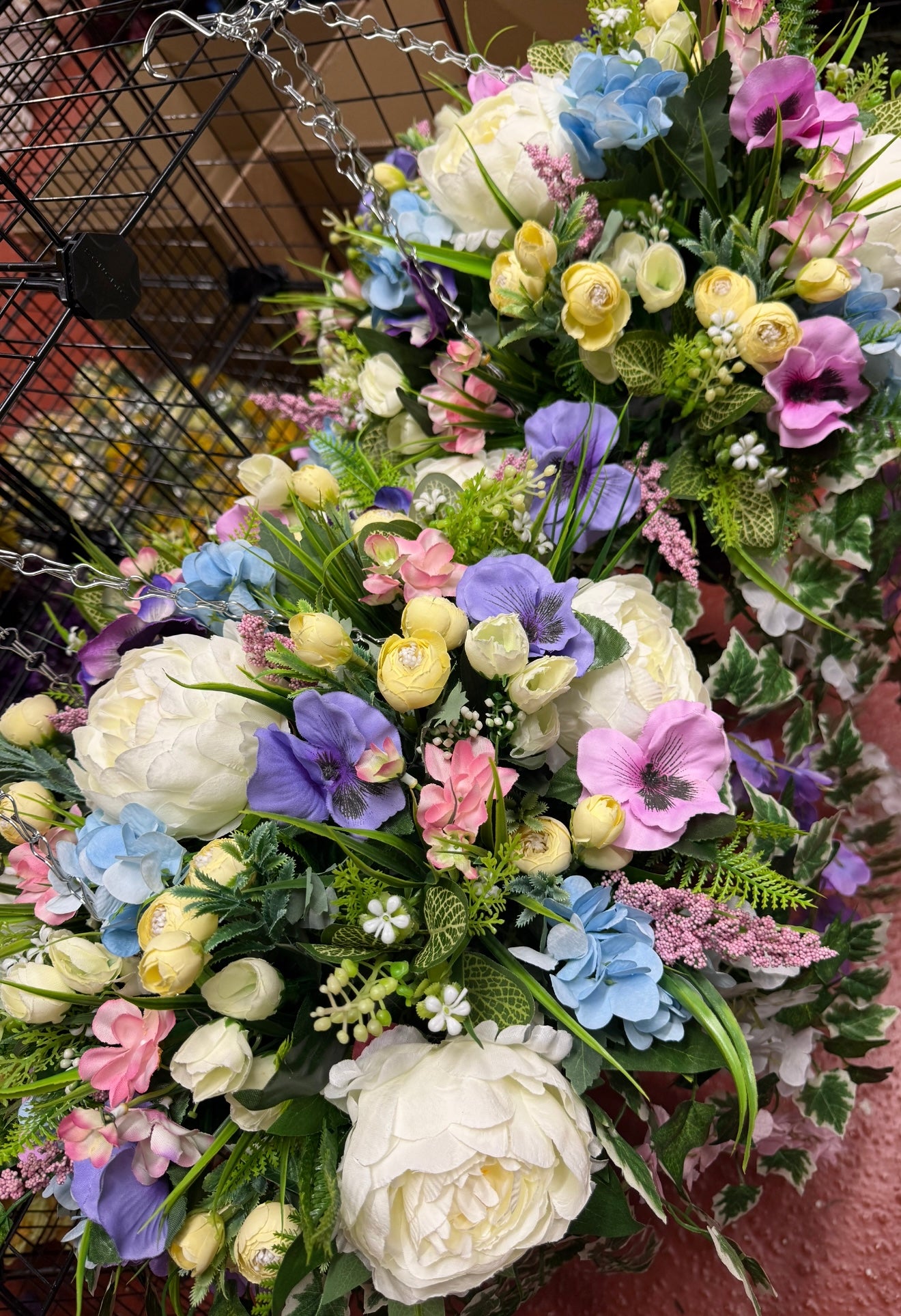 **NEW** DELUXE XL HANGING BASKET IVORY PEONY / PASTEL MIXED 12 INCH BROWN CONE