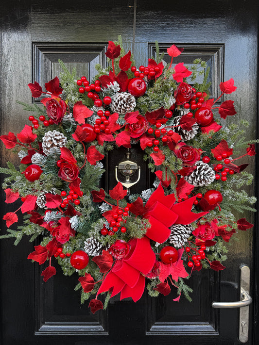 65cm DELUXE FOLIAGE TRADITIONAL APPLE FROSTED ROSE VERY BERRY WREATH - IMMEDIATE DISPATCH