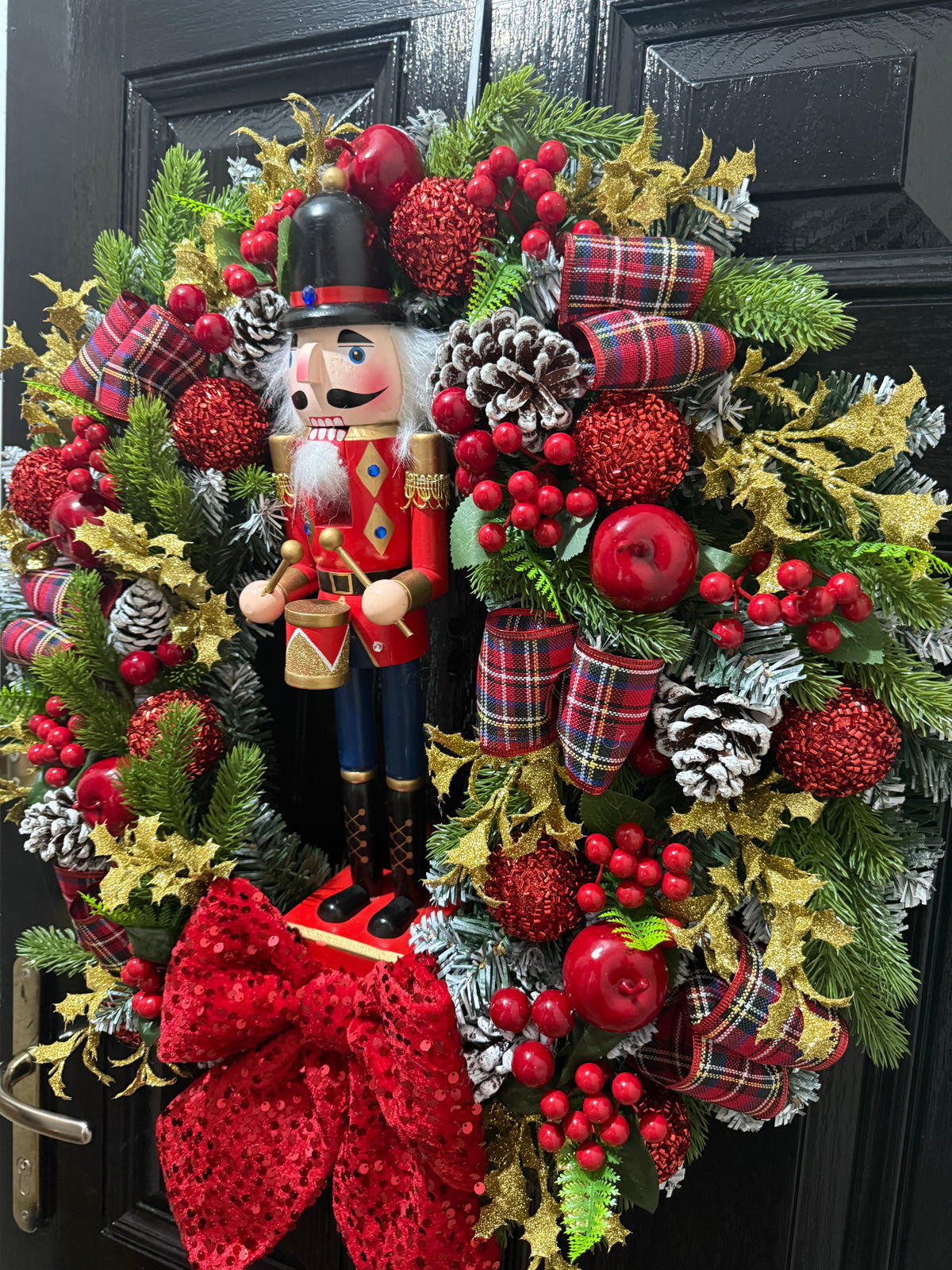 60cm DELUXE TARTAN SEQUIN BOW NUTCRACKER GOLD BLUE RED WREATH - IMMEDIATE DESPATCH
