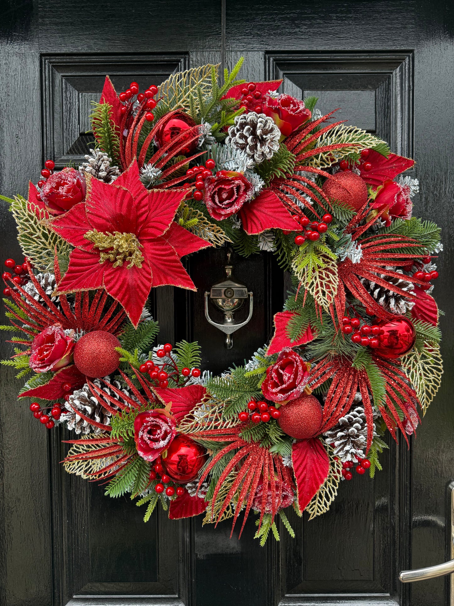 65cm DELUXE RED GOLD POINSETTIA GLITTER FOLIAGE  WREATH - IMMEDIATE DESPATCH
