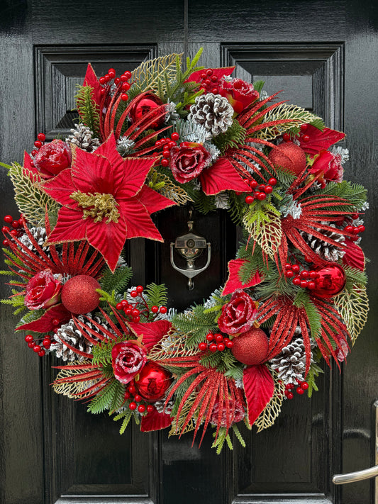 65cm DELUXE RED GOLD POINSETTIA GLITTER FOLIAGE  WREATH - IMMEDIATE DESPATCH