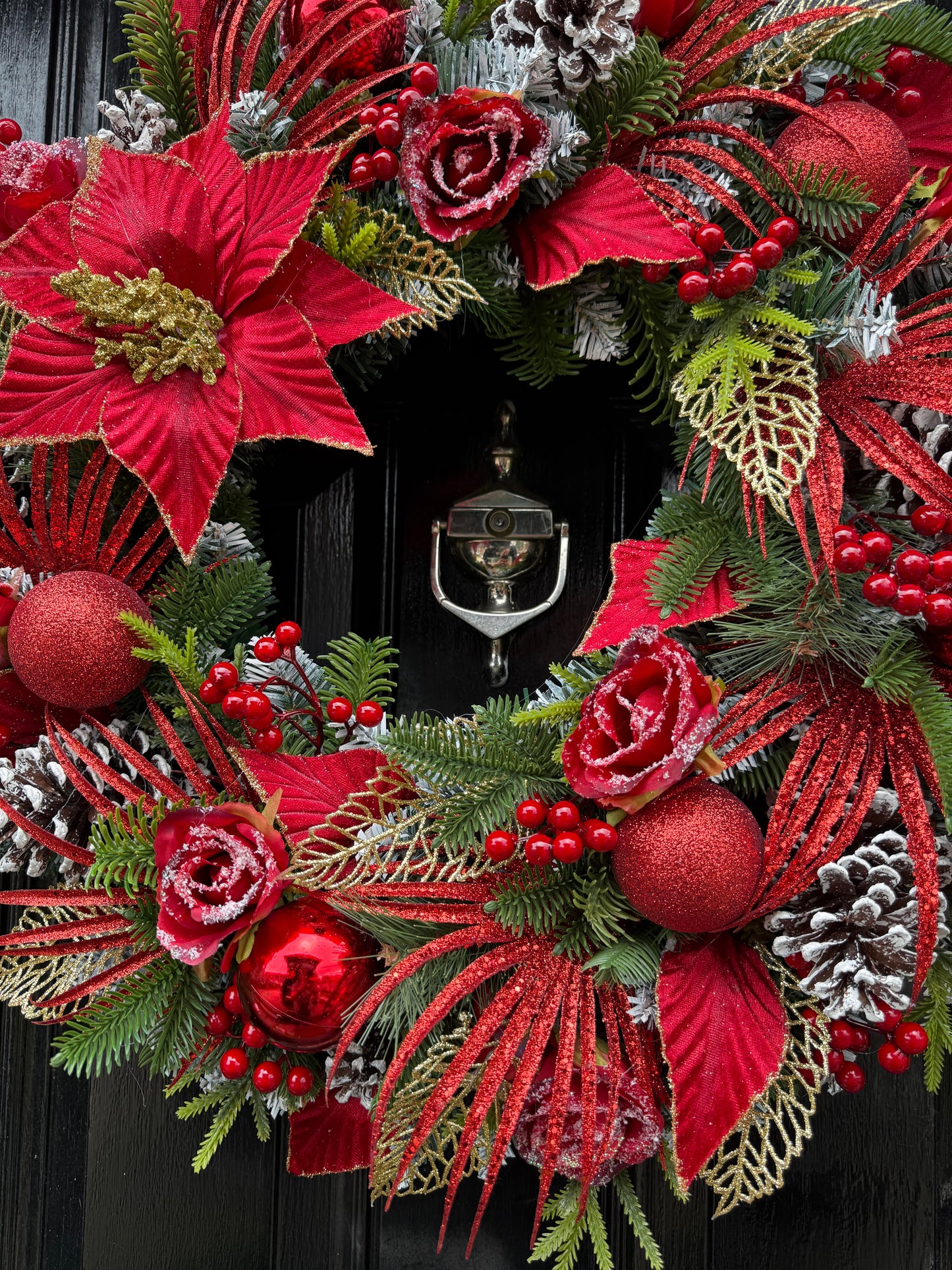 65cm DELUXE RED GOLD POINSETTIA GLITTER FOLIAGE  WREATH - IMMEDIATE DESPATCH
