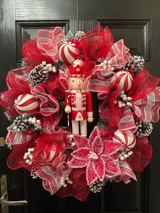60cm FROSTED NUTCRACKER CANDY CANE MIXED WREATH - IMMEDIATE DESPATCH