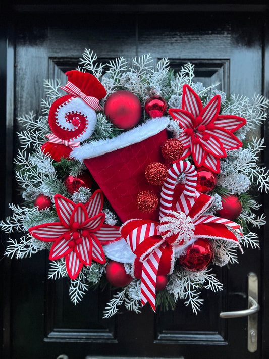 65cm SUPER DELUXE GIANT CANDY TOP HAT WREATH RED/WHITE - **DESPATCH END 1st week DECEMBER**