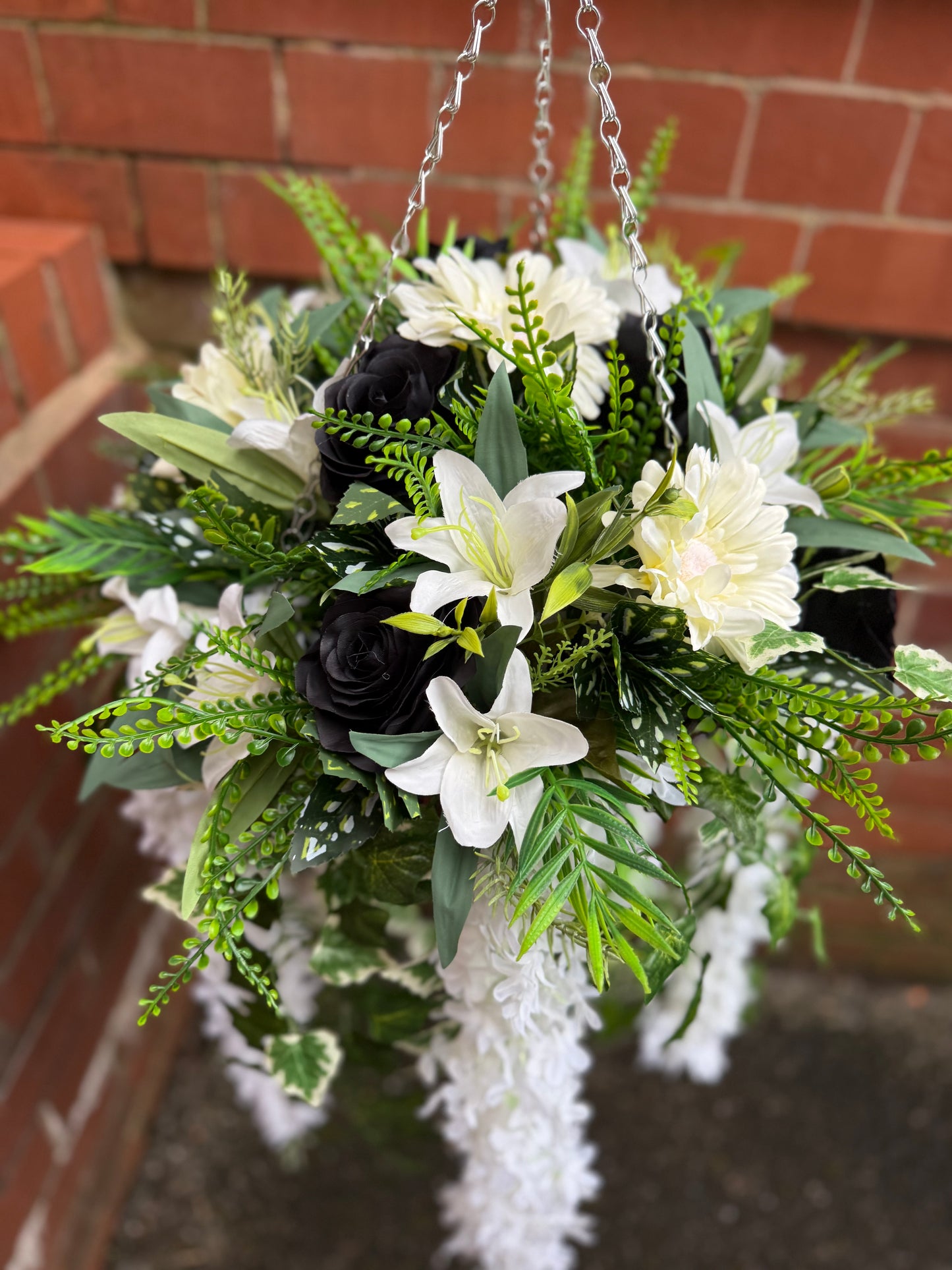12INCH DELUXE CONE HANGING BASKET BLACK ROSE, LILY & GERBERA MIX