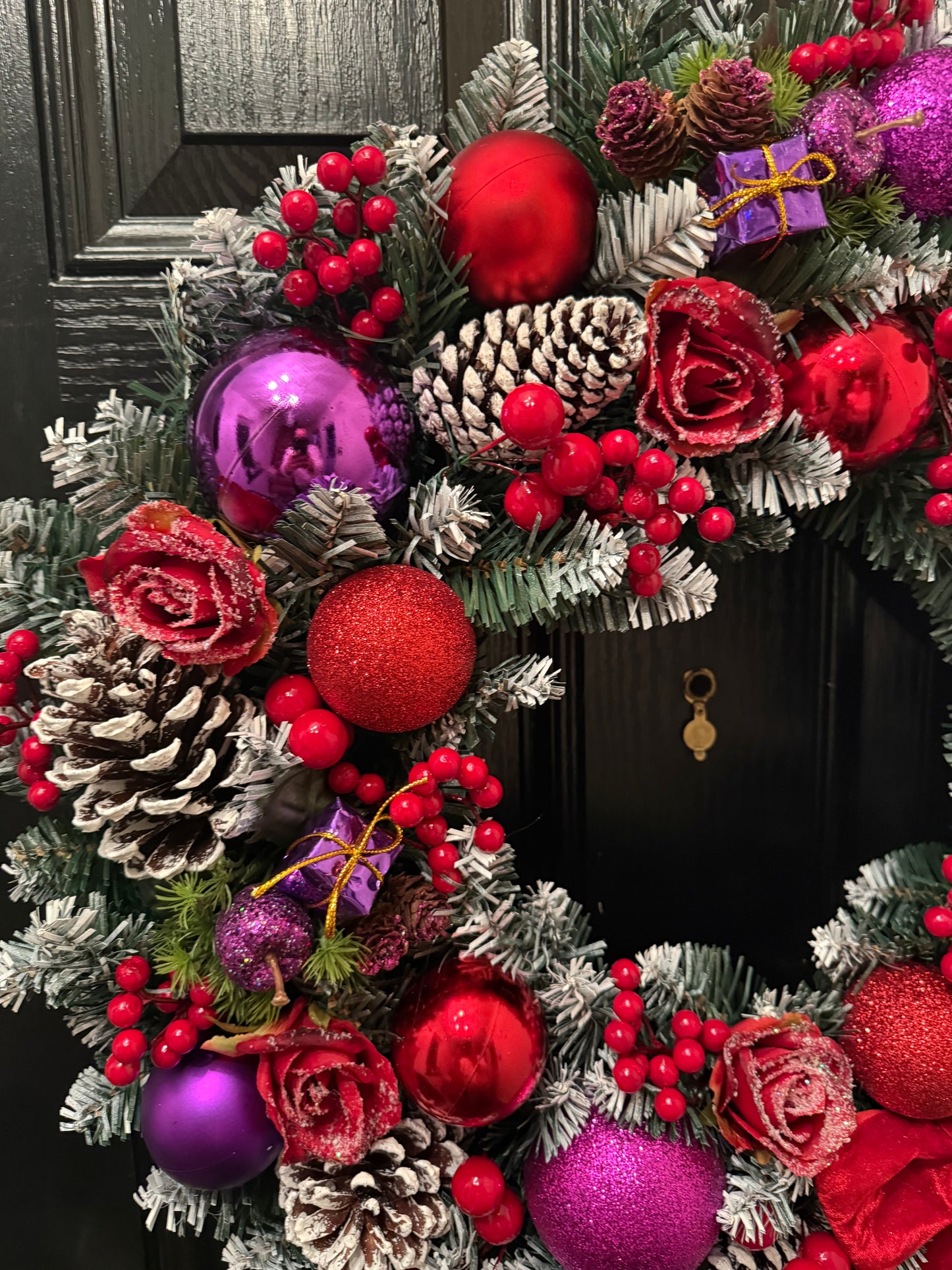60cm DELUXE FOLIAGE FROSTED BERRY BAUBLE WREATH PURPLE RED - IMMEDIATE DESPATCH