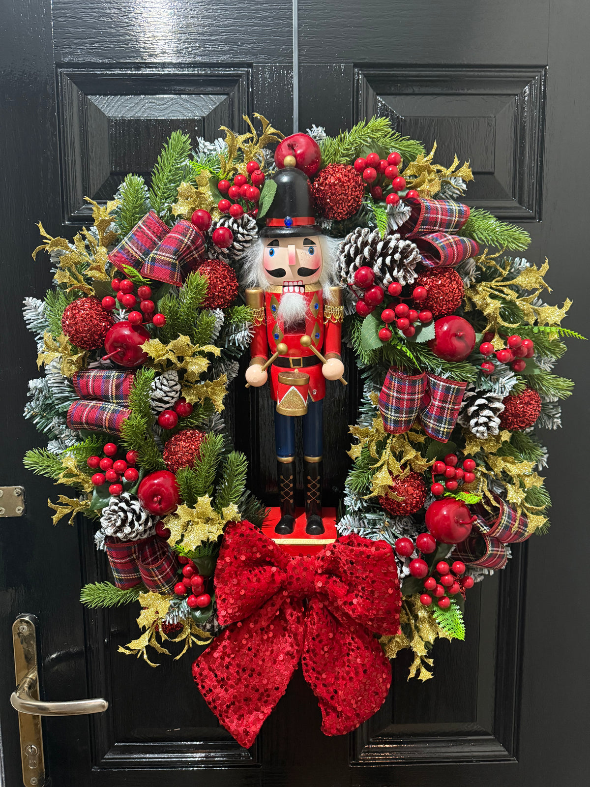 60cm DELUXE TARTAN SEQUIN BOW NUTCRACKER GOLD BLUE RED WREATH - IMMEDIATE DESPATCH