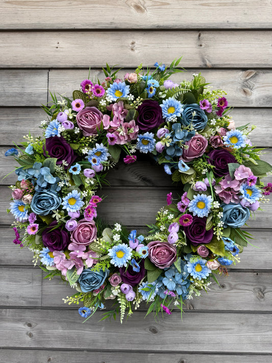 65cm MIXED SPRING/SUMMER FOLIAGE PURPLE LILAC BLUE MIXED DELUXE WREATH