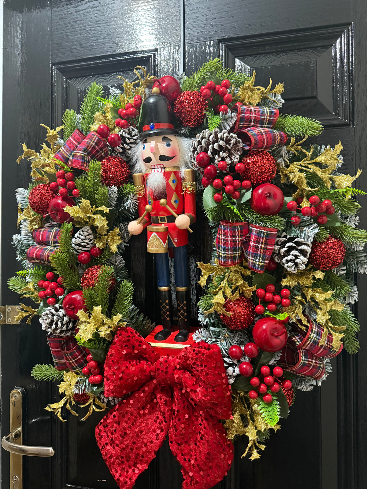 60cm DELUXE TARTAN SEQUIN BOW NUTCRACKER GOLD BLUE RED WREATH - IMMEDIATE DESPATCH
