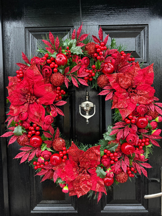65cm DELUXE RED BERRY GIANT GLITTER POINSETTIA WREATH