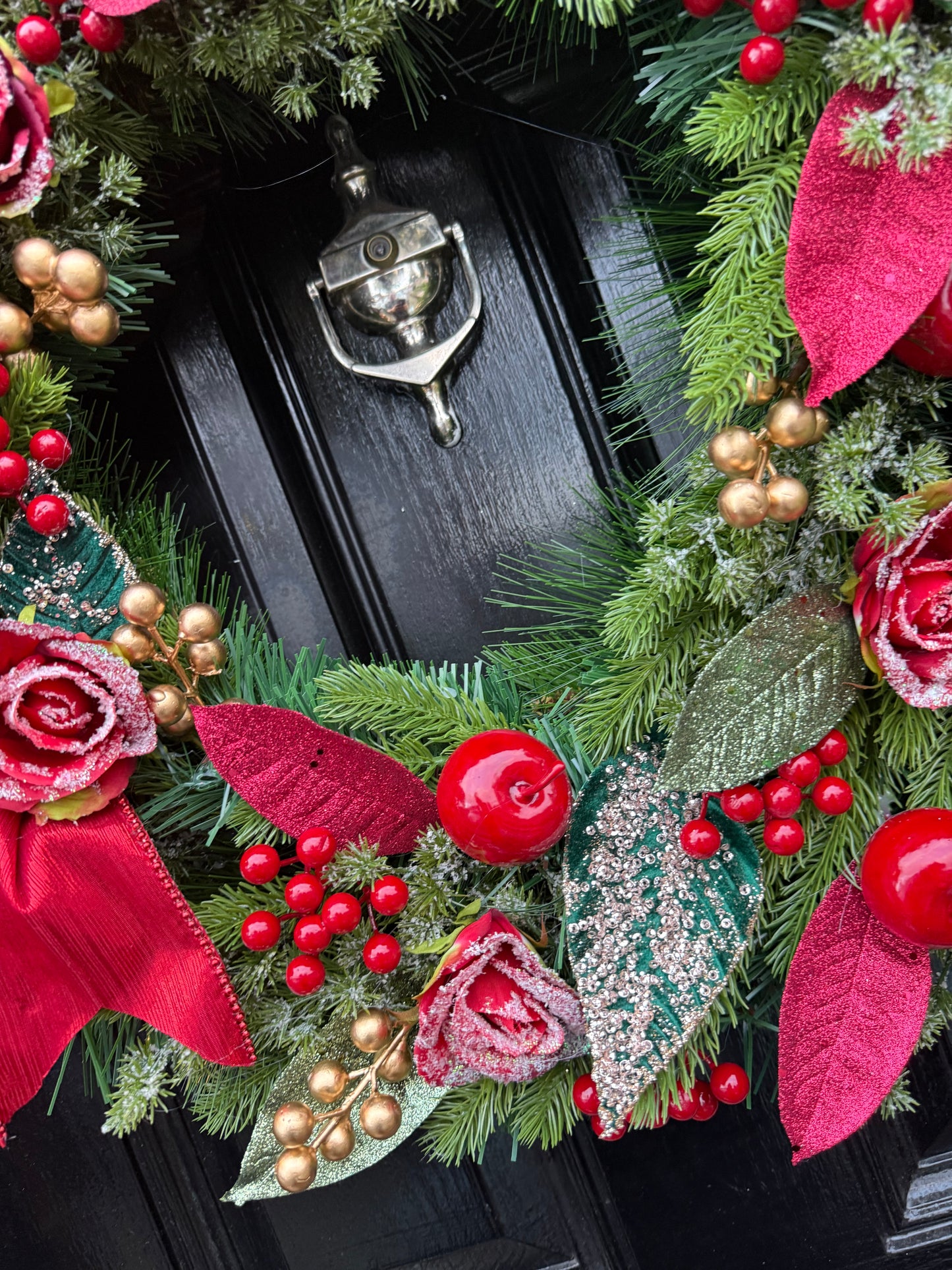 65CM DELUXE FOLIAGE RED/GREEN/GOLD TRADITIONAL FLOWER BURST  WREATH - IMMEDIATE DESPATCH