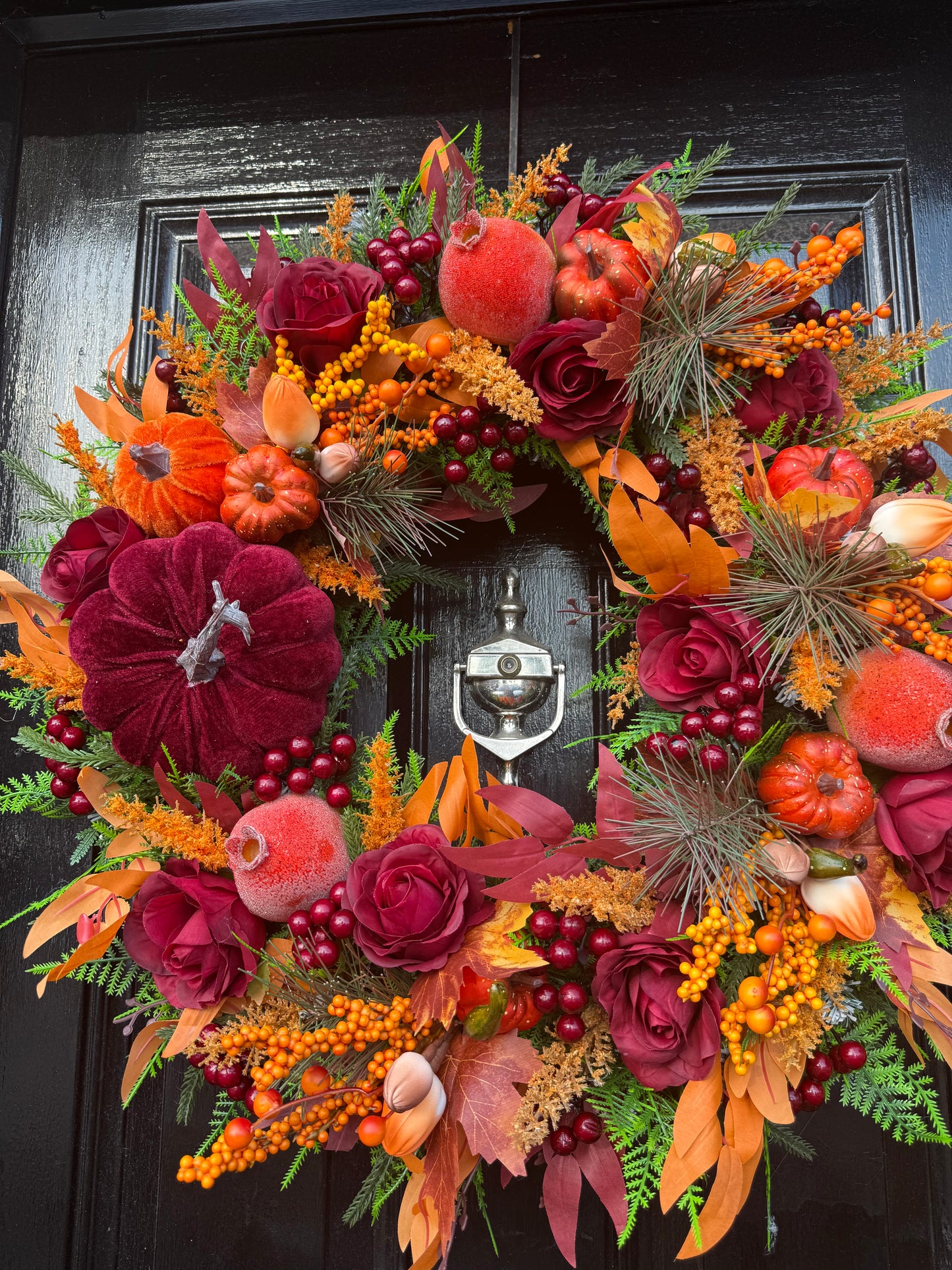 60cm DELUXE BURGUNDY ORANGE PUMPKIN WOODLAND MIXED FOLIAGE AUTUMN WREATH
