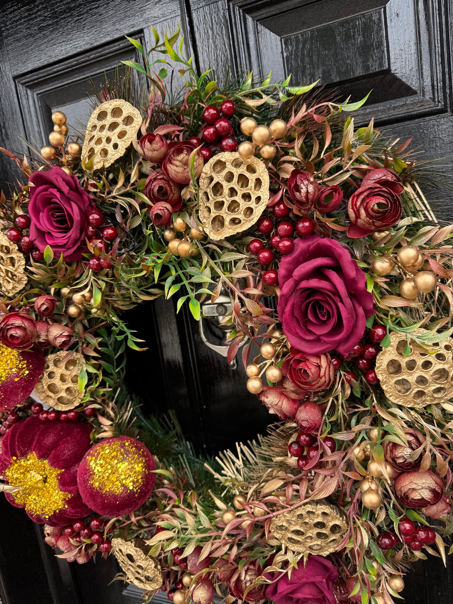 65cm DELUXE XL PUMPKIN GOLD / BURGUNDY GLITTER AUTUMN WREATH
