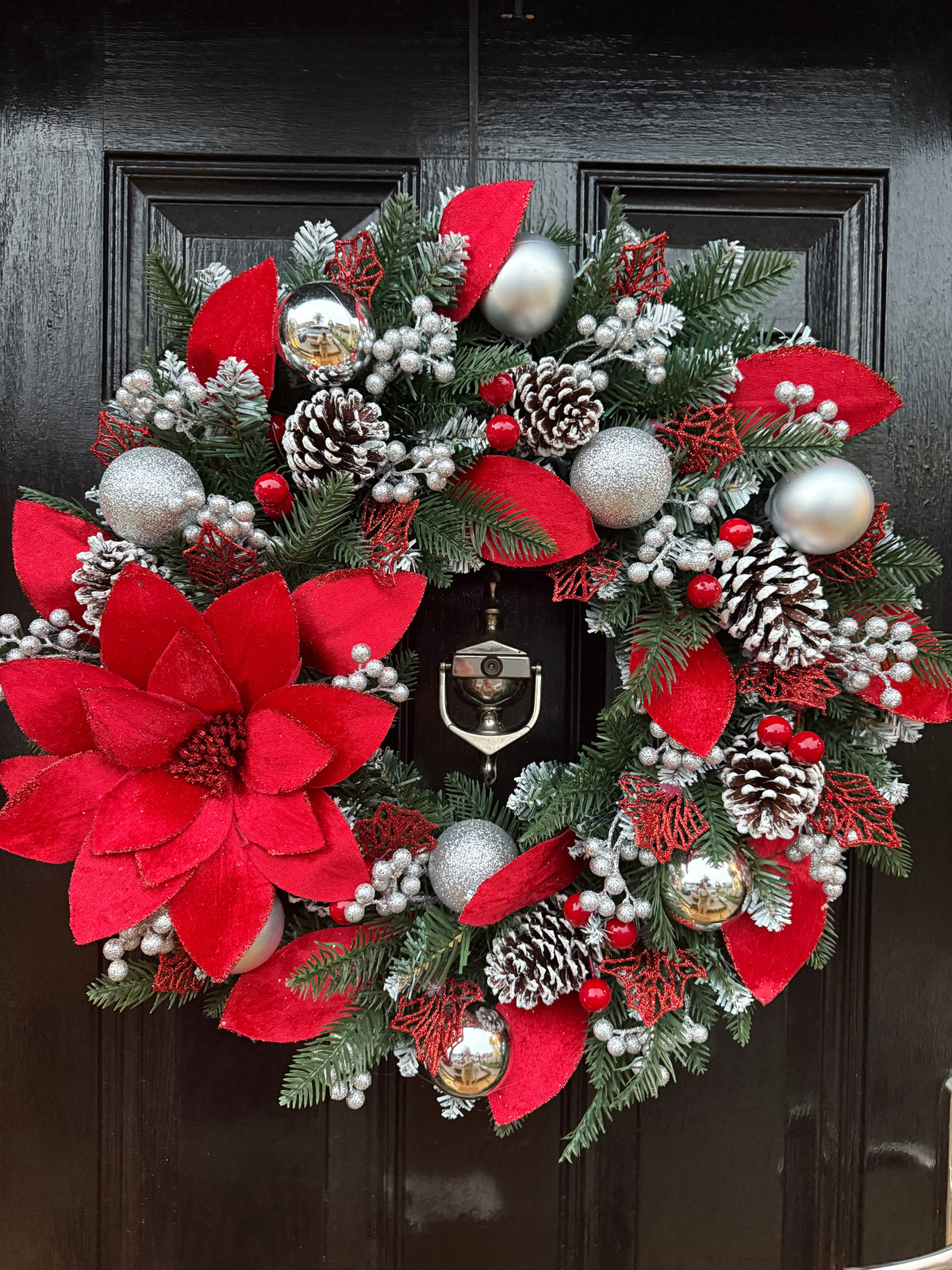 60cm FROSTED DELUXE RED & SILVER  GLITTER POINSETTIA BAUBLE CONE WREATH