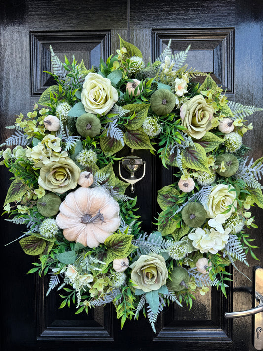 60cm DELUXE SAGE GREEN & IVORY PUMPKIN WOODLAND MIXED FOLIAGE AUTUMN WREATH