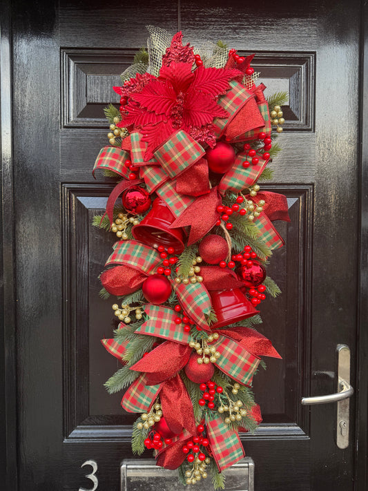 CHRISTMAS TRADITIONAL RED BELL RIBBON DOOR SWAG 90cm
