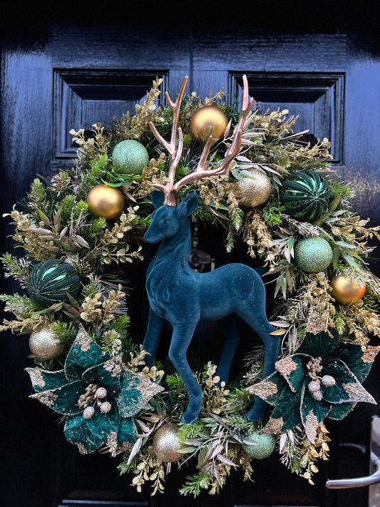 65cm DELUXE WREATH GREEN/GOLD STAG WOODLAND - IMMEDIATE DESPATCH