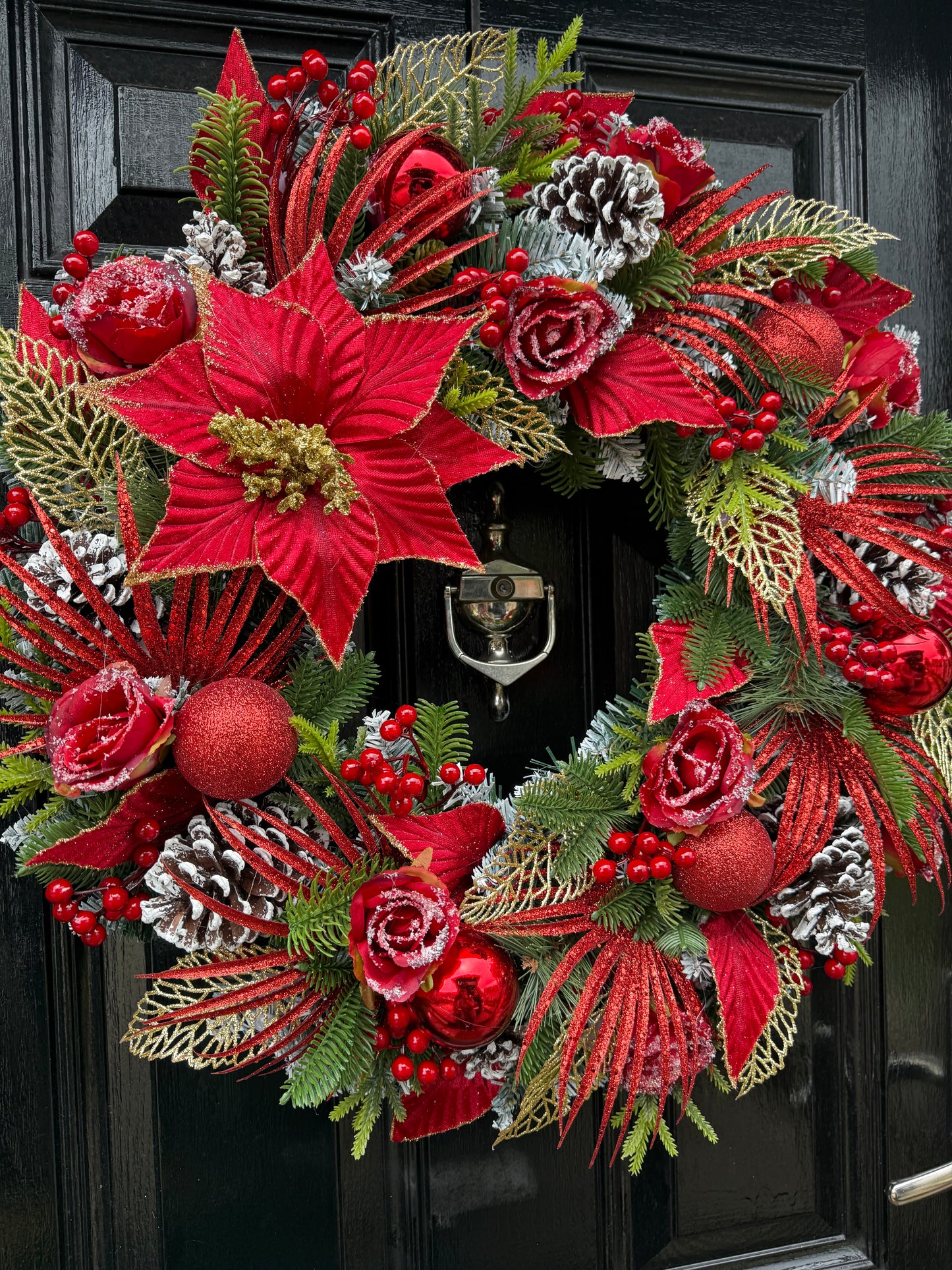 65cm DELUXE RED GOLD POINSETTIA GLITTER FOLIAGE  WREATH - IMMEDIATE DESPATCH