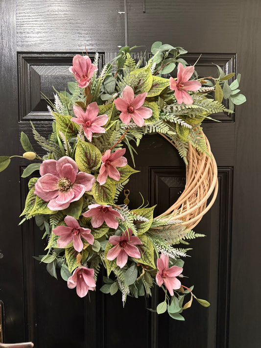 DUSKY PINK MIXED MAGNOLIA FOLIAGE ALL SEASON WICKER WREATH