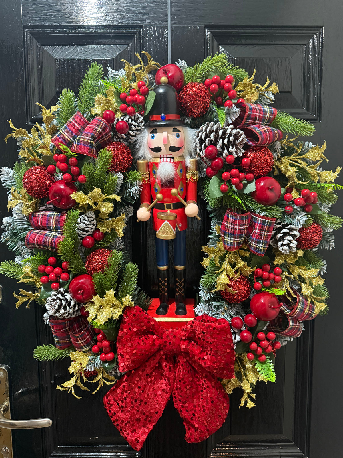 60cm DELUXE TARTAN SEQUIN BOW NUTCRACKER GOLD BLUE RED WREATH - IMMEDIATE DESPATCH