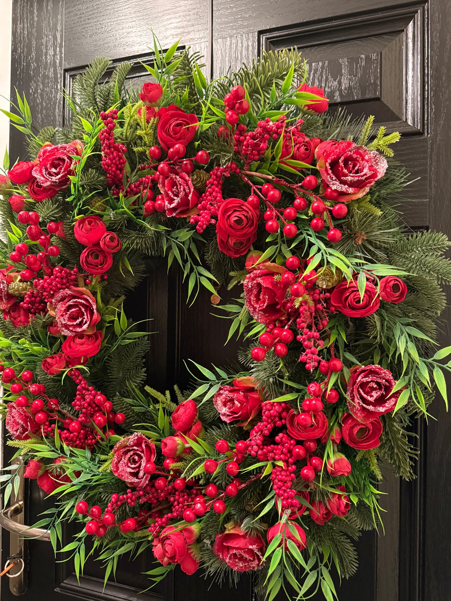 65cm SUPER DELUXE WINTER RED ROSE VERY BERRY FULL FOLIAGE WREATH