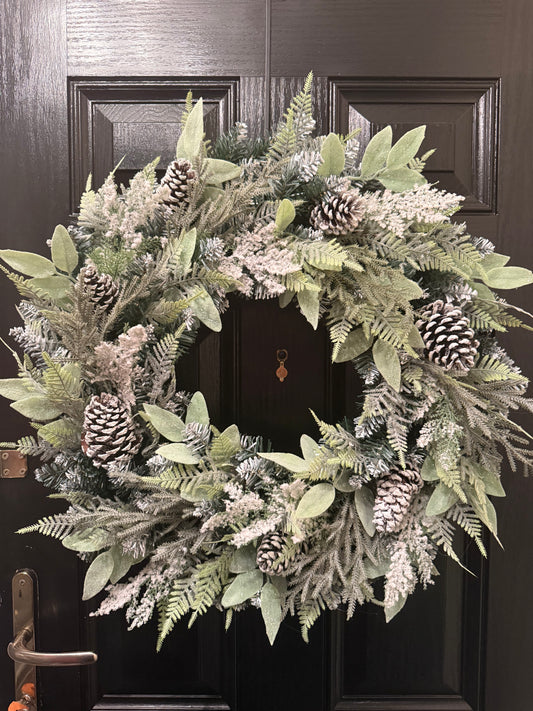 60cm DELUXE WINTER FROSTED FOLIAGE WREATH - IMMEDIATE DESPATCH