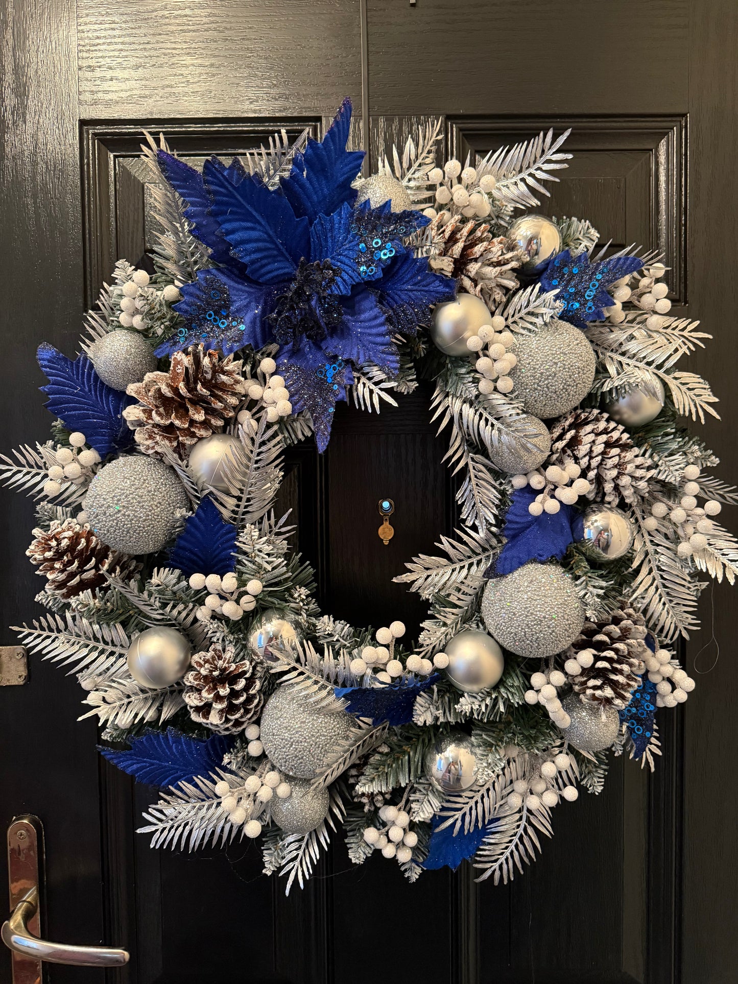 60cm FROSTED CONE ROYAL BLUE / SILVER MIXED BERRY WREATH - IMMEDIATE DESPATCH